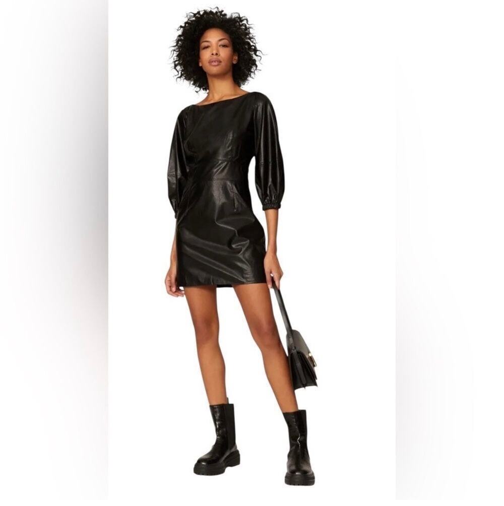 ba&sh Black Robe Sae Faux Leather Balloon Sleeve Dress Sz S